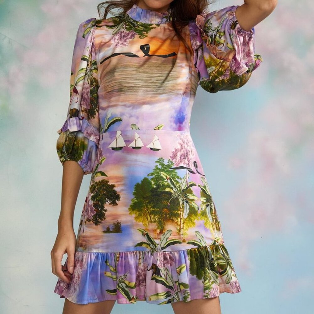 NWT Cynthia Rowley Catalina Mini Ruffle dress - Pink Seascape Size 10